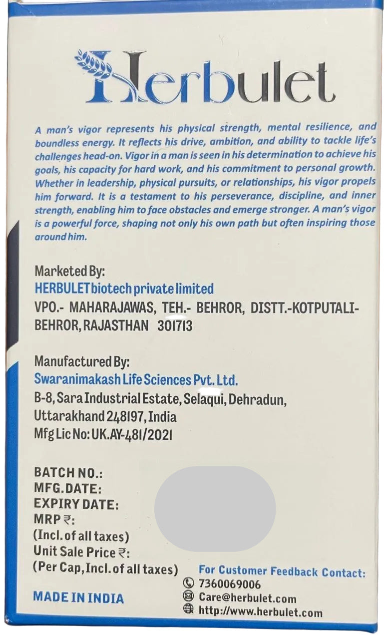 Back label of Herbulet product with branding, manufacturing details, and contact information.