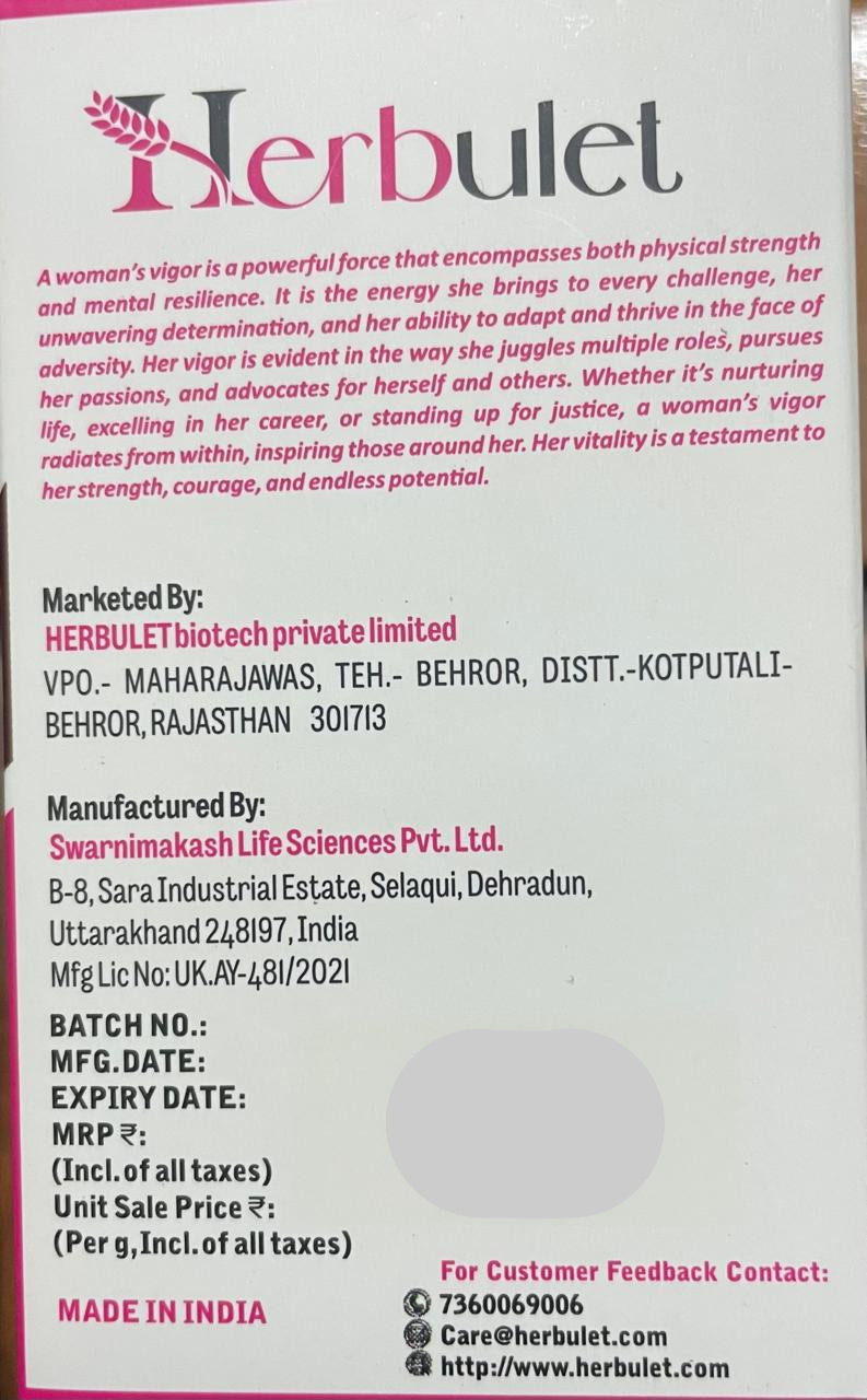 Back of a product packaging with 'Herbulet' branding and text.